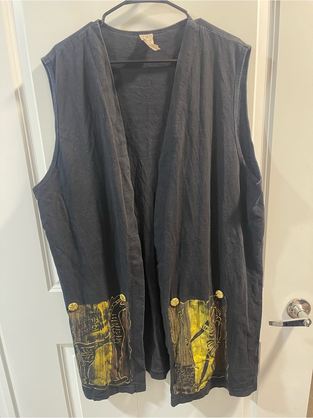 Black Sleeveless Open-Front Vest with Yellow Graphic Panels Cotton Made In USA